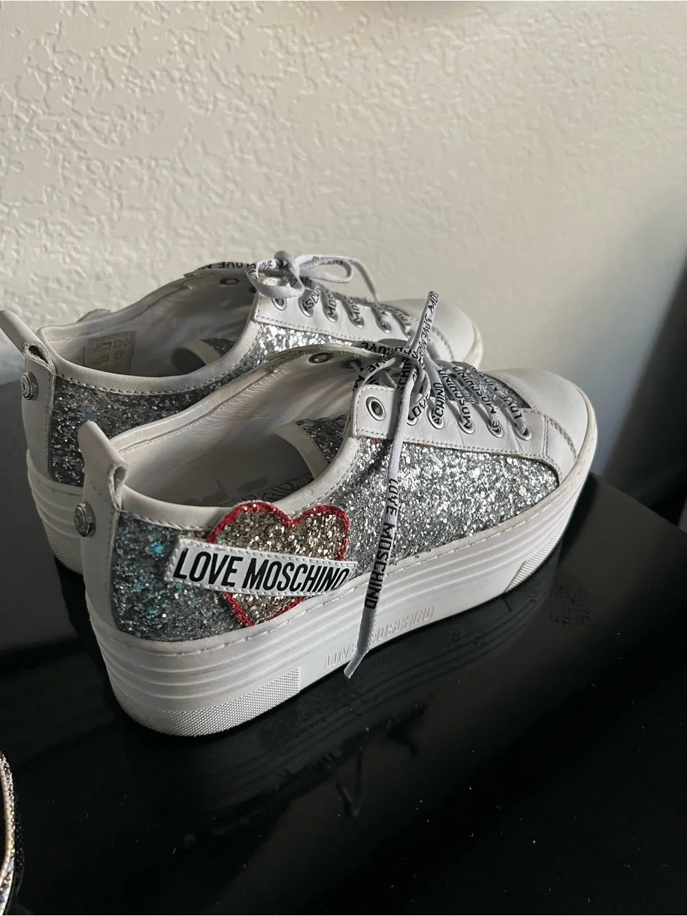 Moschino Silver Glitter Platform Sneakers with Red Heart Patch